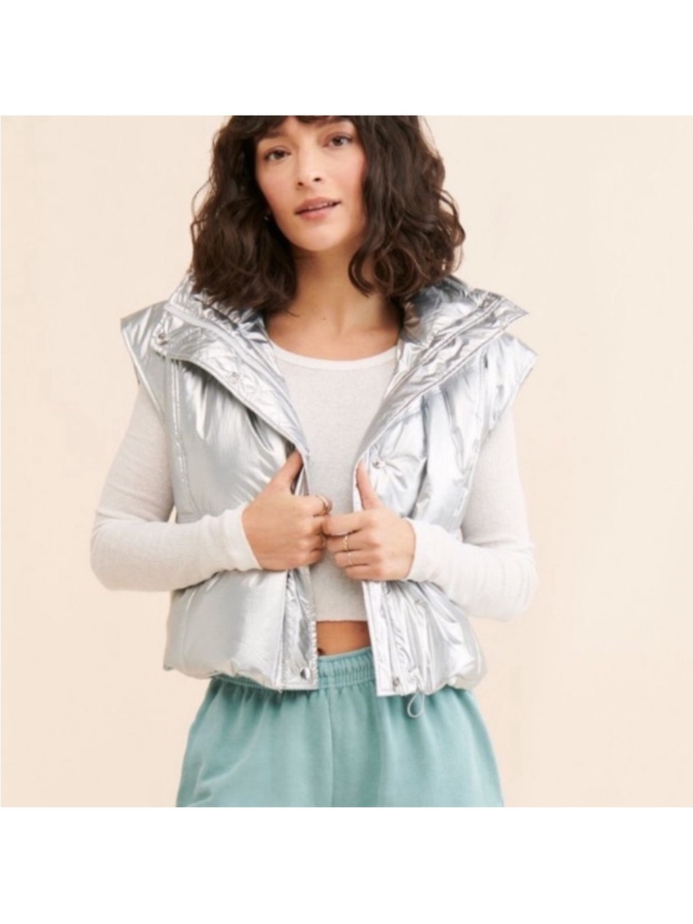 Anthropologie Daily Practice Metallic Silver Puffer Vest - M